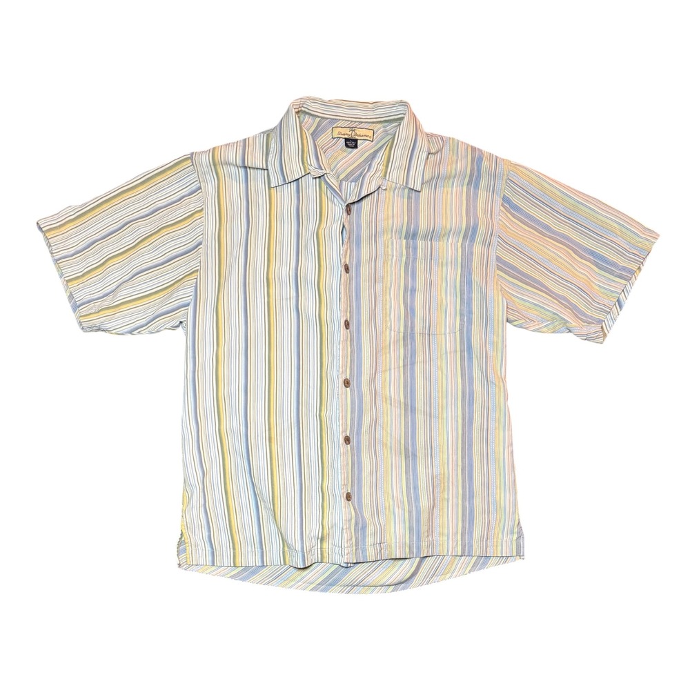 Tommy Bahama Silk Button Down Shirt Mens Large Multi Color Striped Camp Casual